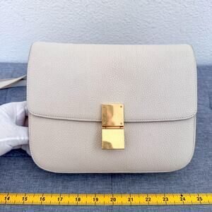 Authentic Celine Classic Box Leather Flap Shoulder Bag Gold Hardware